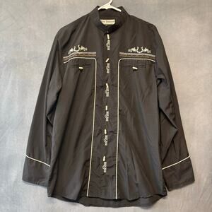 White Diamond Embroidered Western Shirt Black L Button Front Rockabilly Country